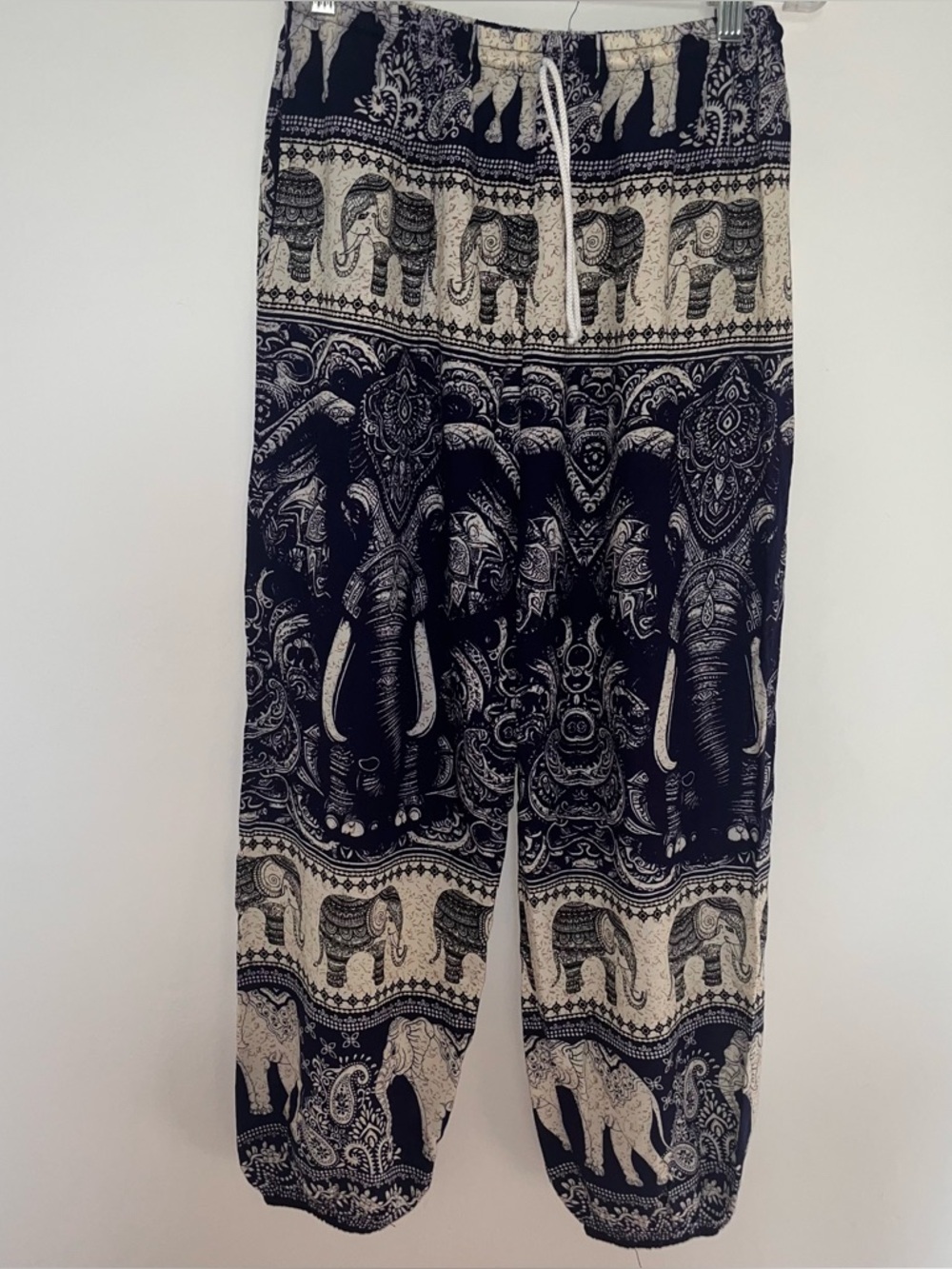 Boho Elephant Print Drawstring Harem Pants - Blue, Black & Cream